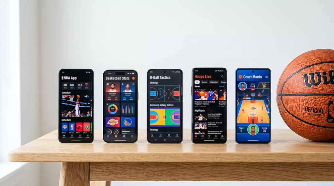 Row of smartphones showing NBA betting apps lined up on a table with a basketball beside them